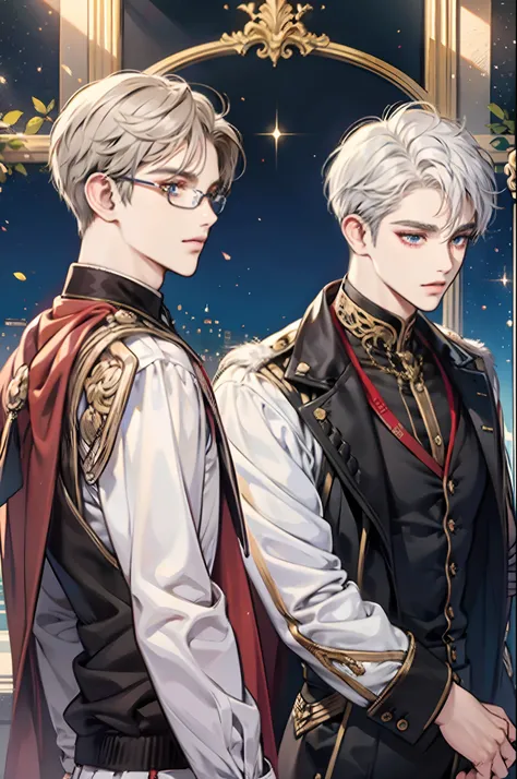 short white hair，Wearing glasses，Iritating eyes，Loose shirt，No bangs，（（Male students）），Look into the camera，Pay attention to the proportions。