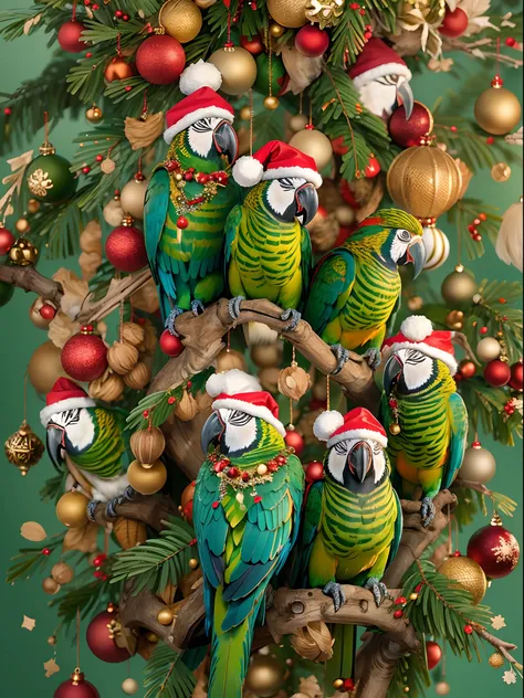 A flock of colorful parrots are perched on a branch of a decorated Christmas tree. The tree is laden with plump, ripe hazelnuts, and the parrots are feasting on them. The parrots are wearing festive Santa hats, and they are all smiling and laughing. The sc...