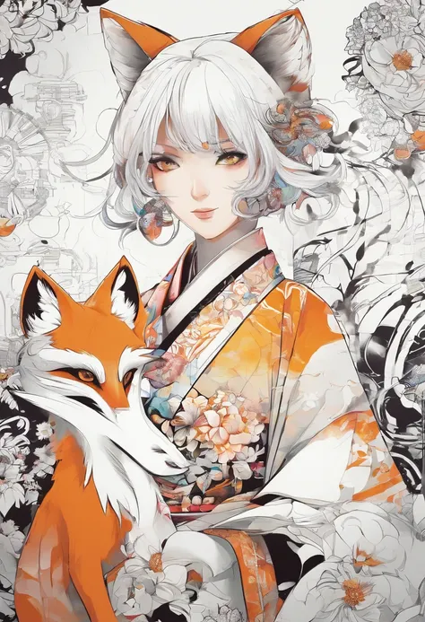 Adult Woman, short white hair, Fox ears, fox tails, Golden Eyes, Black and white of the eyes, Kimono, ssmile, masutepiece, hiquality, Clear background