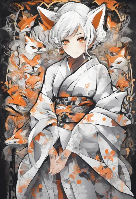 Adult Woman, short white hair, Fox ears, fox tails, Golden Eyes, Black and white of the eyes, Kimono, ssmile, masutepiece, hiquality, Clear background