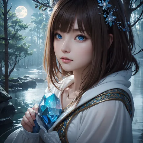 hightquality、8K Ultra HD、fullllbody、16-year-old woman、robe blanche、light brown hair、Blue eyes、(In the background is a lovely healing forest and a waterside)、cute little、Beautiful fece、portlate、Moonlight、Crystal Brilliance、art by:Alberto Seveso、Symmetrical、...