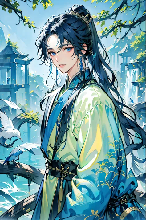 1boys, 独奏，long whitr hair,High ponytail， view the viewer, , Blue eyes, hair adornments,，Blue Chinese costume，mont，waterfallr，Crane，florals，The tree，florals，Best quality at best，tmasterpiece，Official picture，8K,