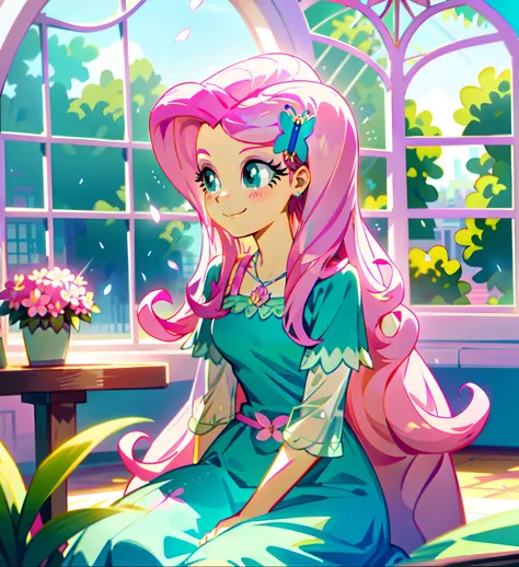 Fluttershy, fluttershy from my little pony, fluttershy in the form of a girl, lush breast, pink long wavy hair, soft smile, flowers, butterflies, rainy day, raining, indoor in a green botanical garden, dome, lots of flowers, dense mass plants, the backgrou...