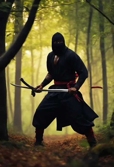 black men ninja with a sword in the woods