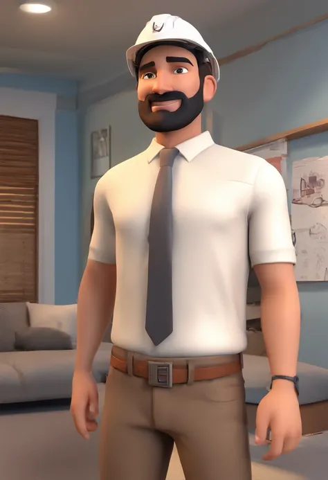 Estilo Pixar: Homem, magro, rosto fino, Brown eyes with white helmet construction on the head, 27 anos com bigode fino e marrom escuro, sem barba, com brinco na orelha direita, with tattoo on the arm, COM CAMISA BRANCA, Standing in building under construct...