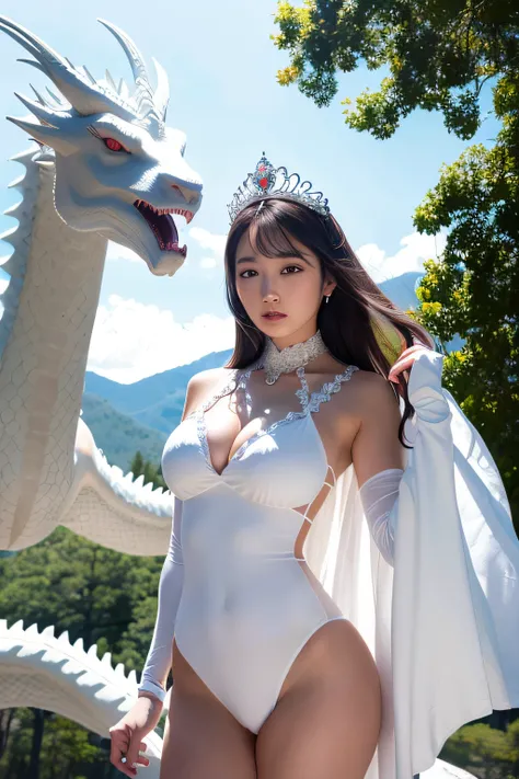 (Princess Seoritsu and the White Dragon)、The Legendary Big White Dragon=White Dragon、Natural light、Best Quality、 8k wallpapers amazing, exquisitedetails, hight resolution, Beautiful Detail Girl、fully body photo、The tiara is made of turquoise.