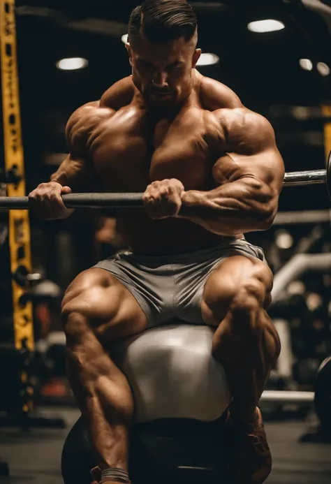 un Bodybuilder iper realistico , ultra dettagliato asiatico con volto giapponese alto 3 metri dal peso di 300 kg , capelli biondi lunghi con la coda, occhi azzurri, mascelle larghe, gambe impressionanti piene di venature, deltoidi come palloni , mentre pos...