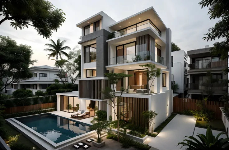 a modern house, located in a quiet area in vietnam.  the house has a white facade and many windows, creating a harmonious and im...