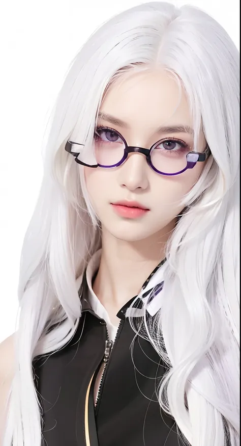 1girl, Airani Iofifteen, (Long Hair, White Hair, Purple Eyes, Black Glasses), White Shirt, Brown Vest, realistic, ultra detail, 70mm lens,