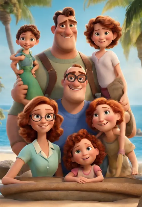 a Disney Pixar movie poster showing a white-skinned family. The father is the tallest, Tem barba curta, careca, usa oculos quadrados azul. Mom has brown eyes, red hair, shoulder-length and is slightly overweight. O menina tem 9 anos e cabelos castanhos, So...