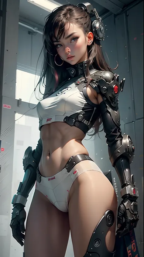 Beautiful cybernetic girl looking at camera underwear detailed muscles realistic masterpiece