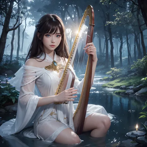 hightquality、8K Ultra HD、fullllbody、A 16-year-old female harpist is playing the harp、robe blanche、light brown hair、Blue eyes、(In the background is a lovely healing forest and a waterside)、cute little、Beautiful fece、portlate、Moonlight、Crystal Brilliance、art...