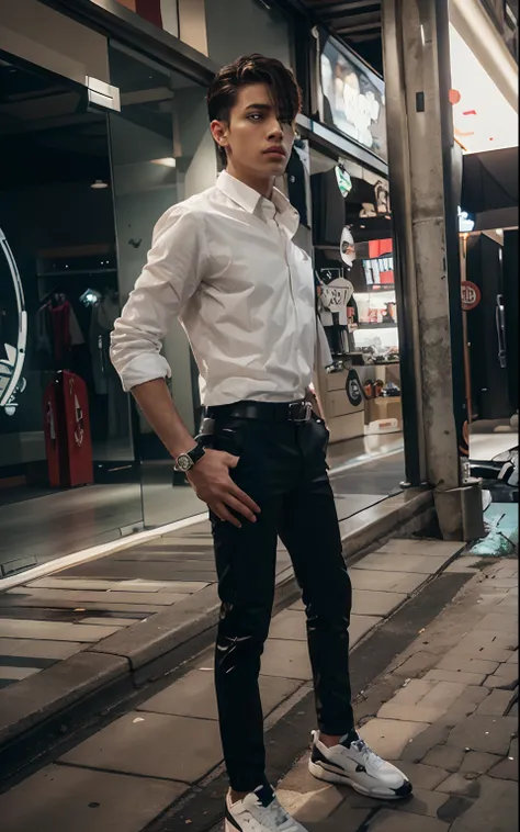 A boy, a boy wear a white cotton shirt and black pant with leather belt, stylish watch on hand, realistic look, realistic dressing, cool hair style, 8k quality, shopping Mall in background, 4k quality, real, realistic background, realistic face, check pant...