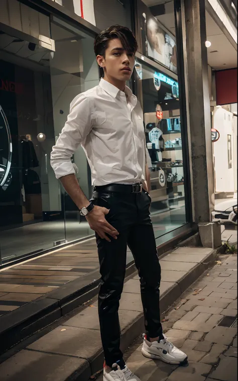 A boy, a boy wear a white cotton shirt and black pant with leather belt, stylish watch on hand, realistic look, realistic dressing, cool hair style, 8k quality, shopping Mall in background, 4k quality, real, realistic background, realistic face, check pant...