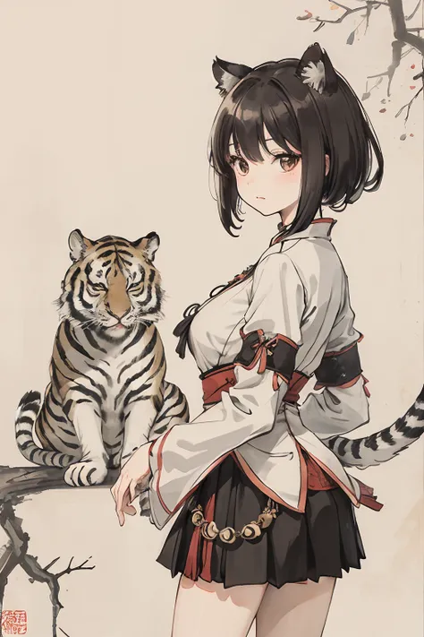 sparrow, chinese armor, black hair, cat ears, teen, girl, medium breast, slim, 1 girl, tiger tail, qipao, skirt,