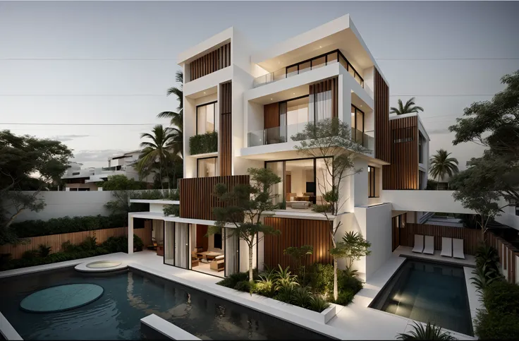 a modern house, located in a quiet area in vietnam.  the house has a white facade and many windows, creating a harmonious and im...