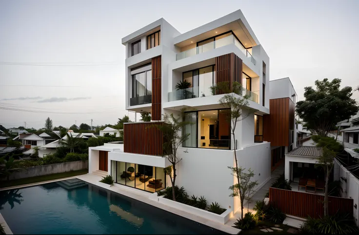 a modern house, located in a quiet area in vietnam.  the house has a white facade and many windows, creating a harmonious and im...