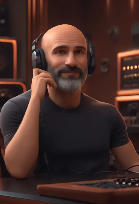 A Man, Bald, short beard, Brown eyes, With headphones, Radio Studio, Pixar-esque imagery, 3D Animated Movie Style, by disney, Black T-shirt