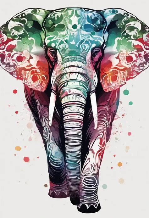 3d watercolor abstract,Dark background,High resolution,High quality,Colorful,Green,Red,Blue、Side view of a monotone elephant、silhuette、joy