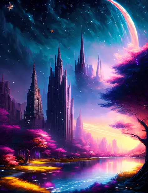 metropolitan、Colorful Metropolitan Museum of Art、River painting with stars and moon in rainbow sky、the met、Shining skyscrapers、Shine across the board、Skyscrapers、Concept art inspired by Mitsuoki Tosa、pixiv contest winners、top-quality、Fantasyart、beautiful a...