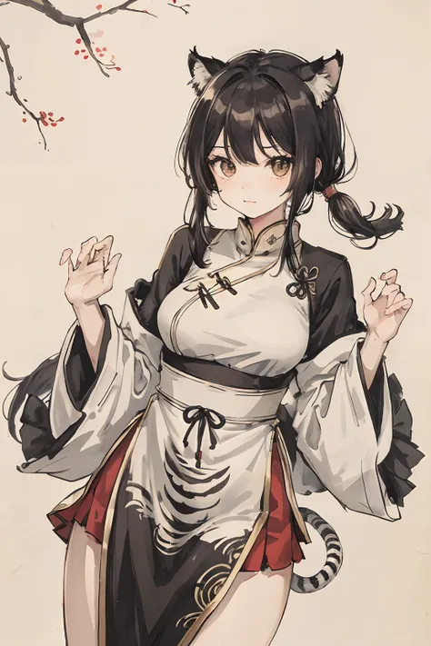 sparrow, chinese clothes, black hair, cat ears, teen, girl, medium breast, slim, 1 girl, tiger tail, qipao, skirt,