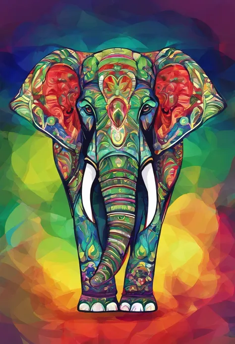 3d watercolor abstract,Dark background,High resolution,High quality,Colorful,Green,Red,Blue、Monotone elephant、from side view、silhuette、joyful