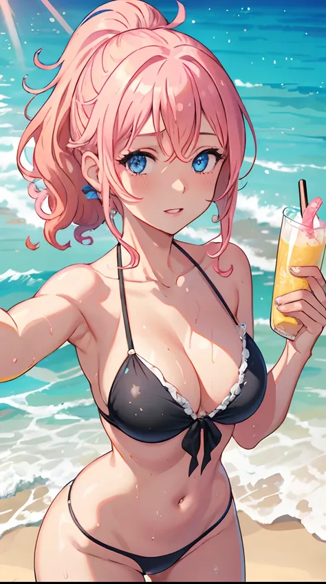 selfie, 1girl, pink hair, blue eyes, parted lips, blush, makeup, light smile, bikini, beach, sweat, wet, light rays, glow, thighs, collarbone, narrow waist, (masterpiece), wallpaper,1 girl, ryza,ment colour hair, ponytail, curly hair,