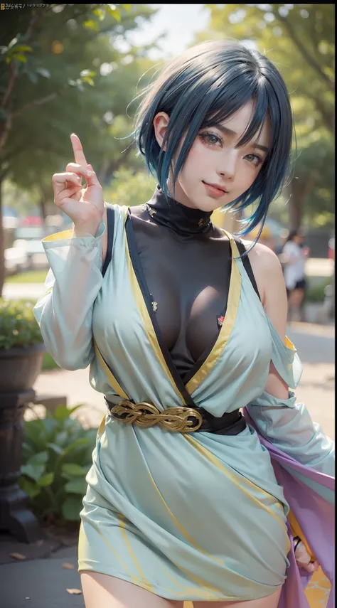 1girll, anime《Naruto》Akatsuki Konan, Short hair, Blue hair, Yellow eyes, Smile, Beautiful, Sexy dress, Sexy clothes, Black clothes, very Bigger breasts, Realistic clothes, Detail Clothing, Outdoor background, Ultra detail, Realistic