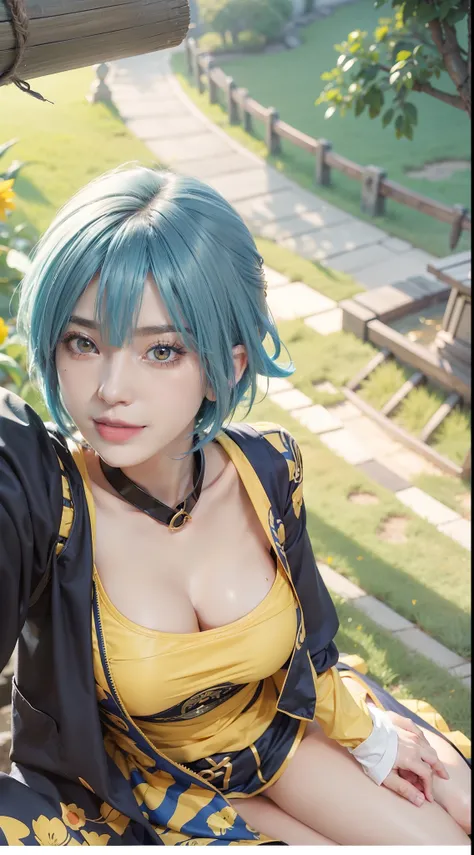 1girll, anime《Naruto》Akatsuki Konan, Short hair, Blue hair, Yellow eyes, Smile, Beautiful, Sexy dress, Sexy clothes, Black clothes, very Bigger breasts, Realistic clothes, Detail Clothing, Outdoor background, Ultra detail, Realistic