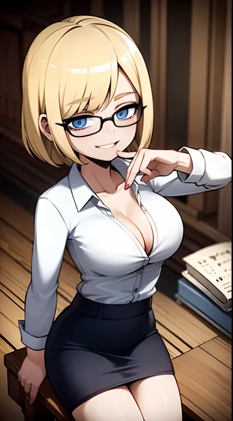 Young girl, bob haircut, blond hair, blue eyes, with glasses, in a library, librarian, white button-down shirt, sensual smile, ahegao, looking at viewer, sensual face, sitting on a chair, 4k