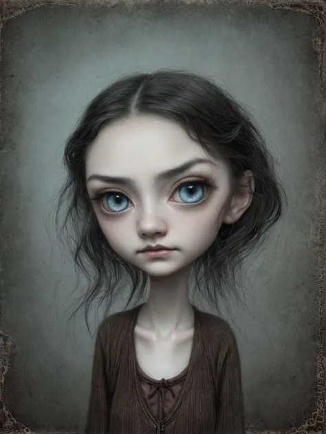 Un primer plano de una chica muy triste con el pelo largo (rubio) y los ojos grandes y azules, Anton Semenov, Mark Ryden muy detallado, Estilo Mark Ryden, Mark Ryden en el estilo de, Estilo de Mark Ryden, inspirado por Mark Ryden, Naoto Hattori, Adorable p...