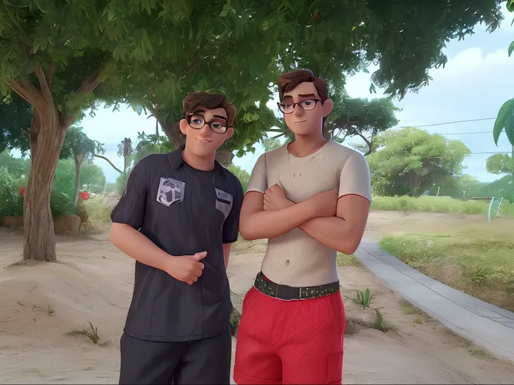 Two brunette men, one in glasses and one in red shorts and the other in a black blouse with white details, Disney Pixar style, high quality, best quality