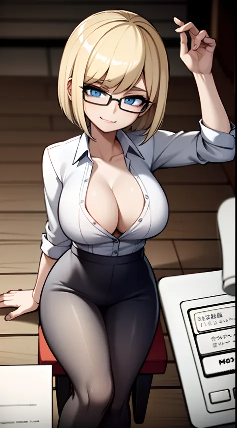 Young girl, bob haircut, blond hair, blue eyes, with glasses, in a library, librarian, white button-down shirt, sensual smile, ahegao, looking at viewer, sensual face, sitting on a chair, 4k