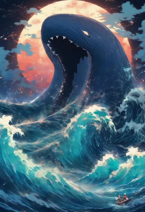 A giant whale sea monster tears through the ocean, Roaring angrily，Make waves around him, The pitch-black sea only reflected the great white moon behind the serpent, Show that once you fall into those waters, There is no chance of coming back.