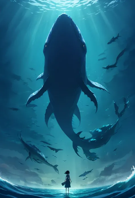 (Best quality,4K,8K,A high resolution,Masterpiece:1.2),Ultra-detailed,(Realistic,Photorealistic,photo-realistic:1.37),Top view,Looking down,Silhouette of a giant sea creature,Dark,Scary,seaview,Underwater,Monster figures,Scary existence,Secluded waters,Omi...