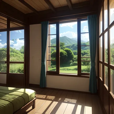 There is a painting of a room with a bed and a window, um quarto ensolarado, Quarto em Studio Ghibli, Studio Ghibli Sunshine, detailed cenary, arte de fundo do anime, Anime Beautiful Peaceful Scene, paisagem campestre anime, fundo do quarto , bela cena de ...