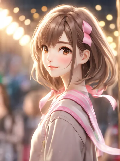 (Best Quality:1.5, Highres, UHD, 8K, Detailed Lighting, Shaders), Brown Hair, Layered hairstyle, Cute Casual wear, Cute Pink Ribbon (POV), School Background, Standing, Colourful Eyeshadow, Dramatic Lighting, Sparkling Brown Eyes, Confident Expression, Laye...