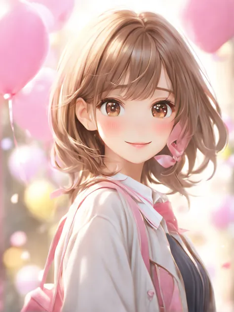 (Best Quality:1.5, Highres, UHD, 8K, Detailed Lighting, Shaders), Brown Hair, Layered hairstyle, Cute Casual wear, Cute Pink Ribbon (POV), School Background, Standing, Colourful Eyeshadow, Dramatic Lighting, Sparkling Brown Eyes, Confident Expression, Laye...