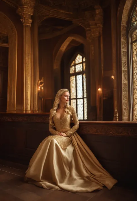 WRC style, Beautiful woman, blond, Sitting, royal attire akira, Royal Conference Hall, medieval environment