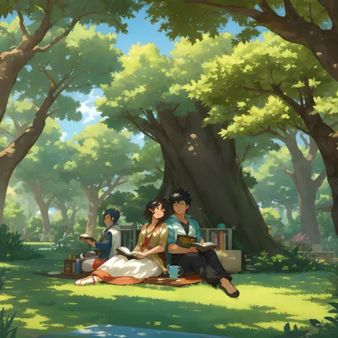 A fan-created illustration capturing a casual day in the life of a Black female protagonist with the power to control plants, and a South Asian male protagonist with the power of flight from a famous fantasy battle manga, They are relaxing in a sunlit park...