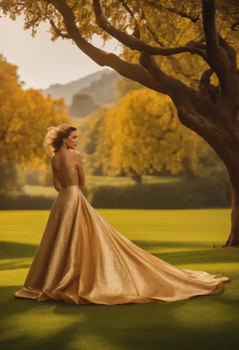 Shot by Christian Dior on the grass，The golden sun shone on Dior，There is a big tree next to it，Size 1920*1080