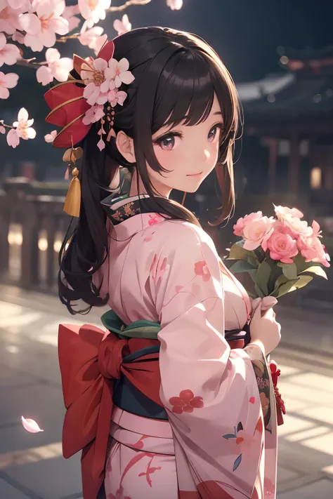 ((masterpiece1.5)),hyper quality, Hyper Detailed,Perfect drawing,1girl in,((Bigger breasts)),kawaii ,With smiling eyes,(((Beautiful kimono))),(((Luxury kimono)))、(Beautiful embroidery),。.3D Photography,16k Illustrations,((clearface)),Hi-Res,nice background...