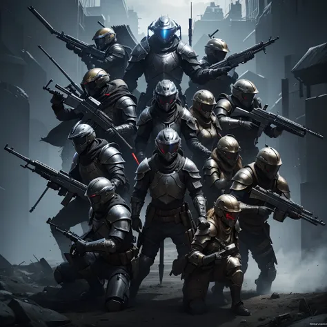 a group of people in armor with weapons and helmets, fps game, fps shooter game, fps game concept art, fps game concept, valorant game style, bloody + concept art, ps5 game, front cover of a new video game, valorant style, valorant character, vr game, blee...