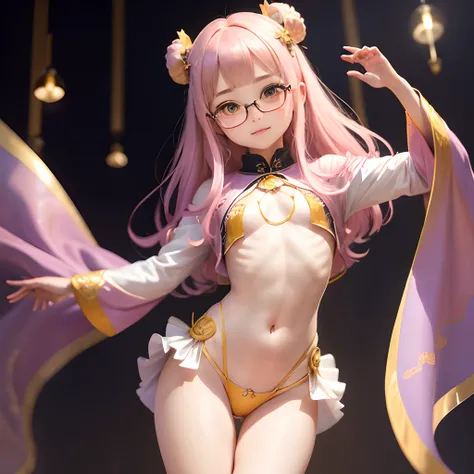 Transparent hair、hime-cut、Golden Eyes、eye glasses、10-year-old daughter、flat chest、Pubic hair、Beautiful open legs、Cheer Dance