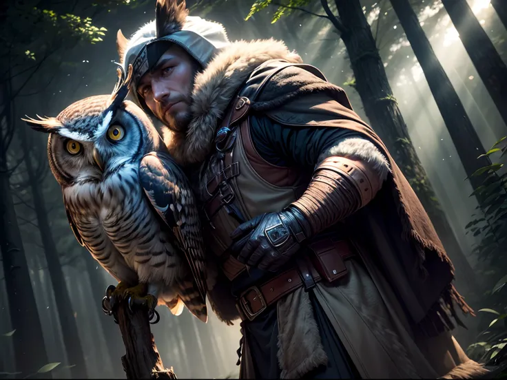 1 owl standing on the shoulders of a male hunter，eyes with brightness，Radar-like ears，Sharp mouth，sharp talons，dark forest background，Meniscus，Realistic details，rays of moonlight，Quiet，extreme hight detail,highest details,Maximum clarity and sharpness， Man...