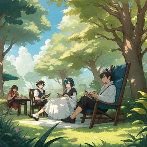 A fan-created illustration capturing a casual day in the life of a Black female protagonist with the power to control plants, and a South Asian male protagonist with the power of flight from a famous fantasy battle manga, They are relaxing in a sunlit park...