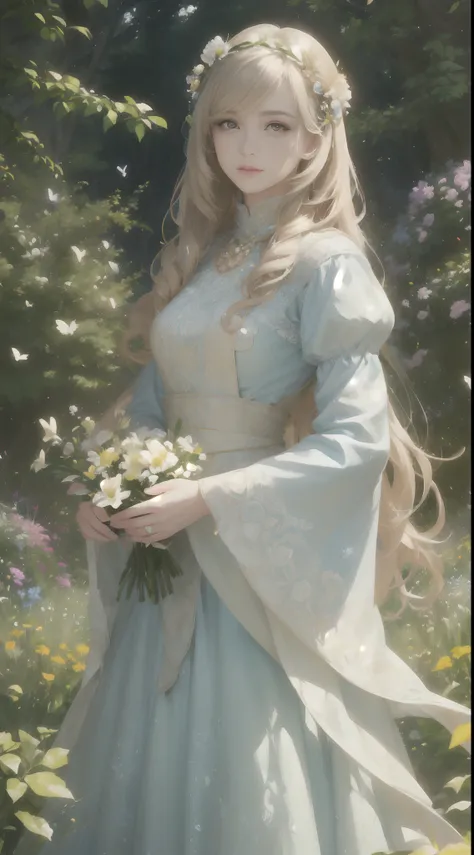 (A girl in a garden),(best quality,realistic:1.37),colorful,beautiful detailed eyes,beautiful detailed lips,long eyelashes,flowing vibrant long hair,soft and glowing skin,delicate fingers,touching a delicate flower,dressed in a flowing dress with floral pa...