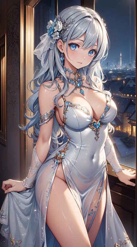 top-quality、Top image quality、tmasterpiece、8kK、Girl vs((Sixteen years old、Best bust、Medium bust、Enchanted、Seductive posture、Leighs sapphire eyes、Breasts wide open,Slightly curly silver hair、big bast、slenderness、Great Valley、Silver dress、White sheer tunic d...