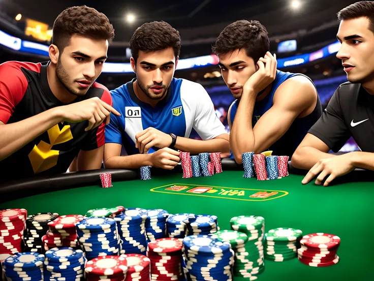 Um jogo de poker com homens brasileiros reais em uma arena de futebol com pessoas reais excitadas.