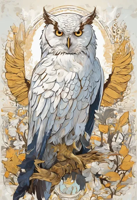 Surrealist art style (A huge pure bald eagle stands on Athenas shoulder), (Pure white owl: 1.37), Pure white owl, Pure white owl, (Stand on the shoulder: 1.37) The owls face is round, (wide blue eyes: 0.8), very large eyes, Short curved beak, Thick, Pure w...